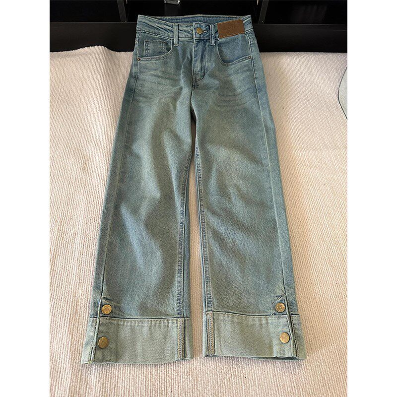 300斤大码女装胖mm韩版直筒牛仔裤女卷边扣子裤子显瘦九分烟管裤
