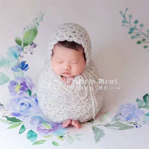 新生儿满月儿童手工钩织多用途摄影道具小苍兰花朵裹布垫毯层次毯