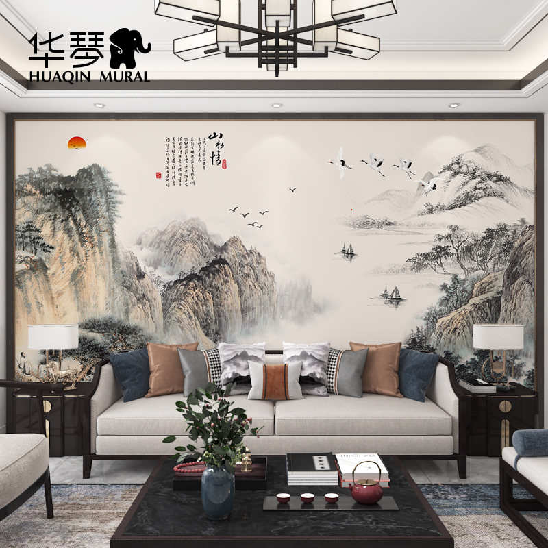 新中式水墨写意大型国画电视背景墙壁纸客厅沙发墙纸墙布壁布定