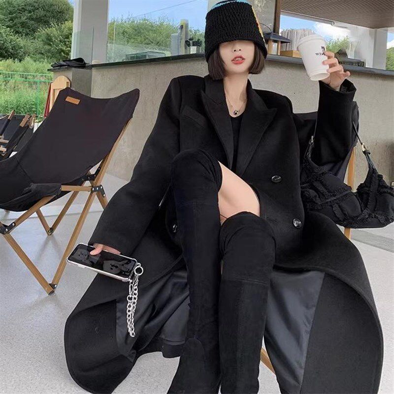 赫本风黑色毛呢外套女气质冬季新款过膝超长百搭时尚复古呢子大衣
