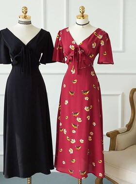 JL法式复古新款印花连衣裙中长款红色v领高腰修身显瘦雪纺裙子