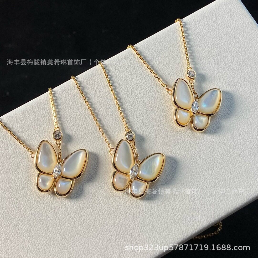 梵家蝴蝶项链女白贝母满钻镀18k金不易掉色蝴蝶耳钉厂家直销