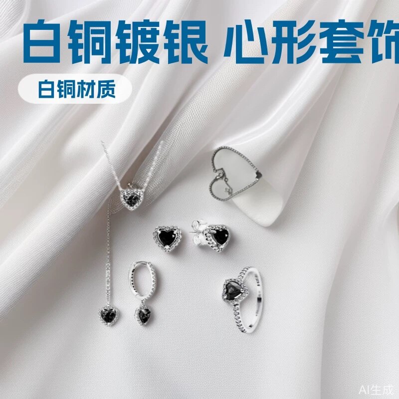 潘家白铜镀银心形项链黑锆闪耀耳钉黑色戒指手链套装跨境热卖