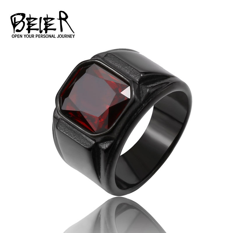 beier新款不锈钢电镀镶宝石戒指 欧美复古男士钛钢指环手饰品