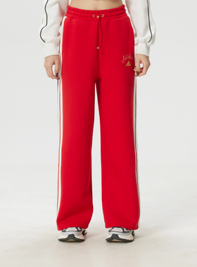 阿迪达斯红色新年款直筒长裤26春季挺阔加厚针织运动阔腿裤KH2702