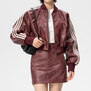 阿迪达斯红色皮仿夹克女装短款外套三叶草26新款春季运动服KD8792