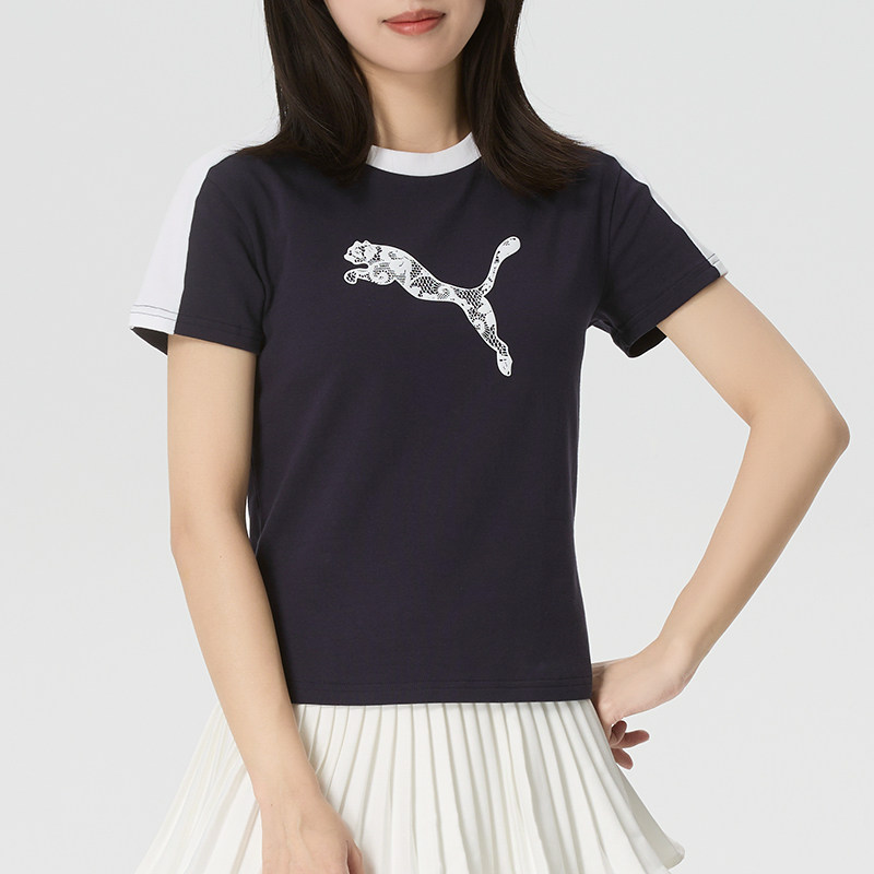 彪马女装运动服2026夏季休闲T恤T7撞色设计蕾丝标识舒适亲肤上衣