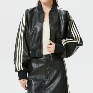 Adidas阿迪达斯三叶草外套女款春季新款短款皮衣外套辣妹夹克