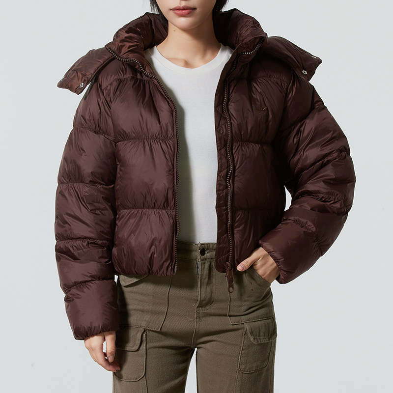 阿迪达斯女装冬季运动服鸭绒填充连帽羽绒服宽松版型保暖外套