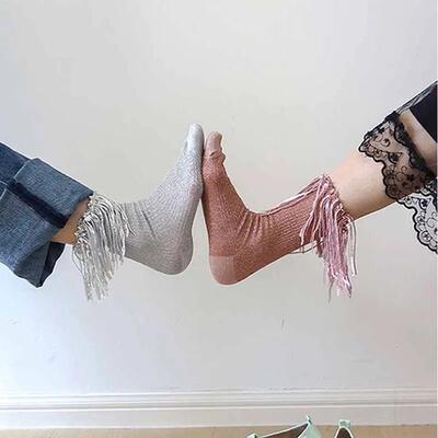 Sequin Socks For Women Vintage Glitter Line Tassel Trim Calf