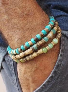 Men's bracelet跨境新款椰壳木片多层叠戴手链男非洲松石木头手串