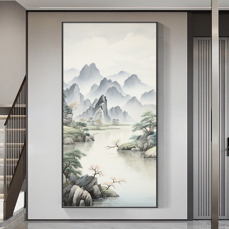 新中式入户正对门玄关装饰画喷绘山水国画竖版挂画走廊过道墙壁画