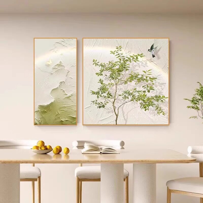 奶油风餐厅装饰画清新系餐桌背景墙挂画绿植高级感饭厅组合画