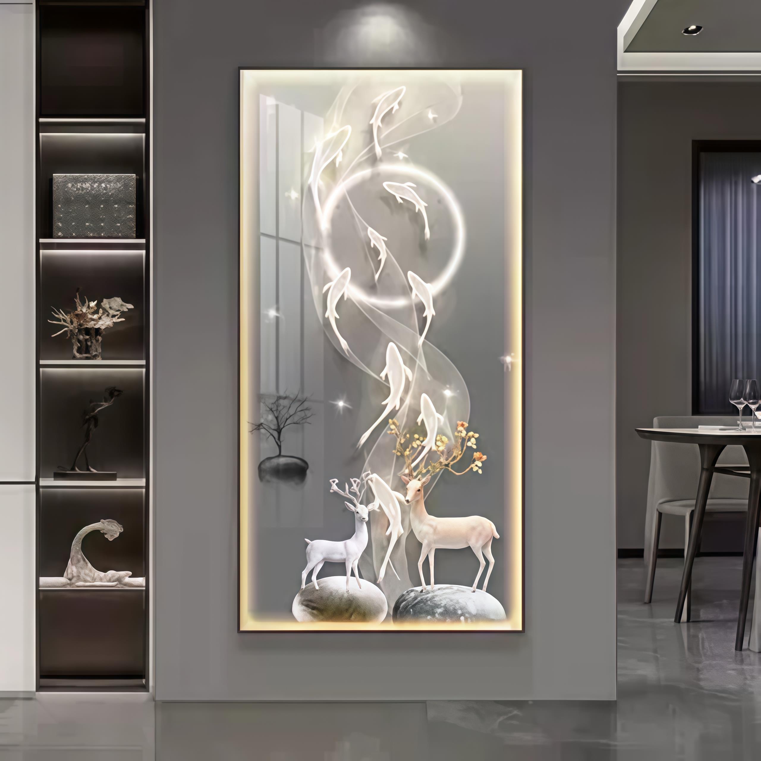 2026新款玄关壁画九鱼聚财高端挂画入户过道玄关装饰画带灯壁画