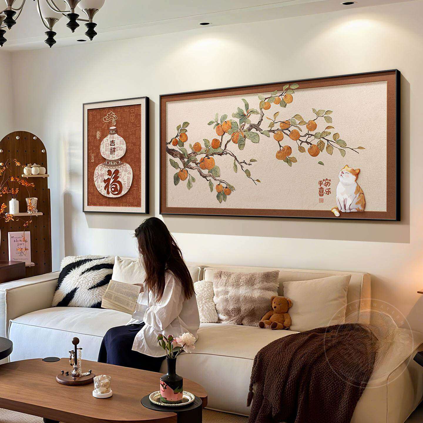柿柿如意客厅装饰画中古风沙发背景墙组合挂画葫芦好寓意两联壁画