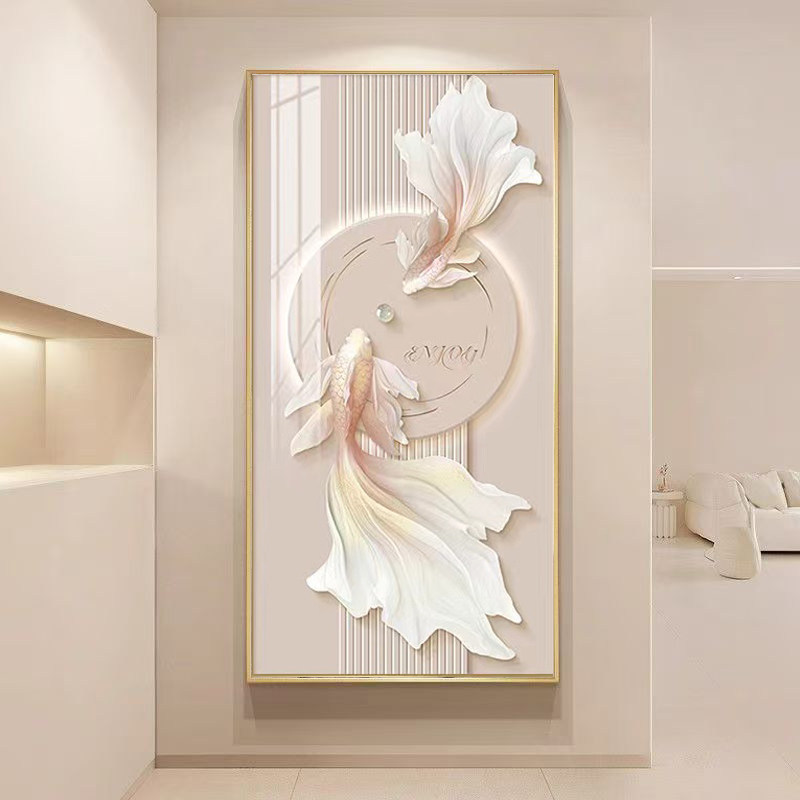 好运锦鲤画玄关入户背景墙金鱼壁画进门装饰画轻奢大气奶油风挂画