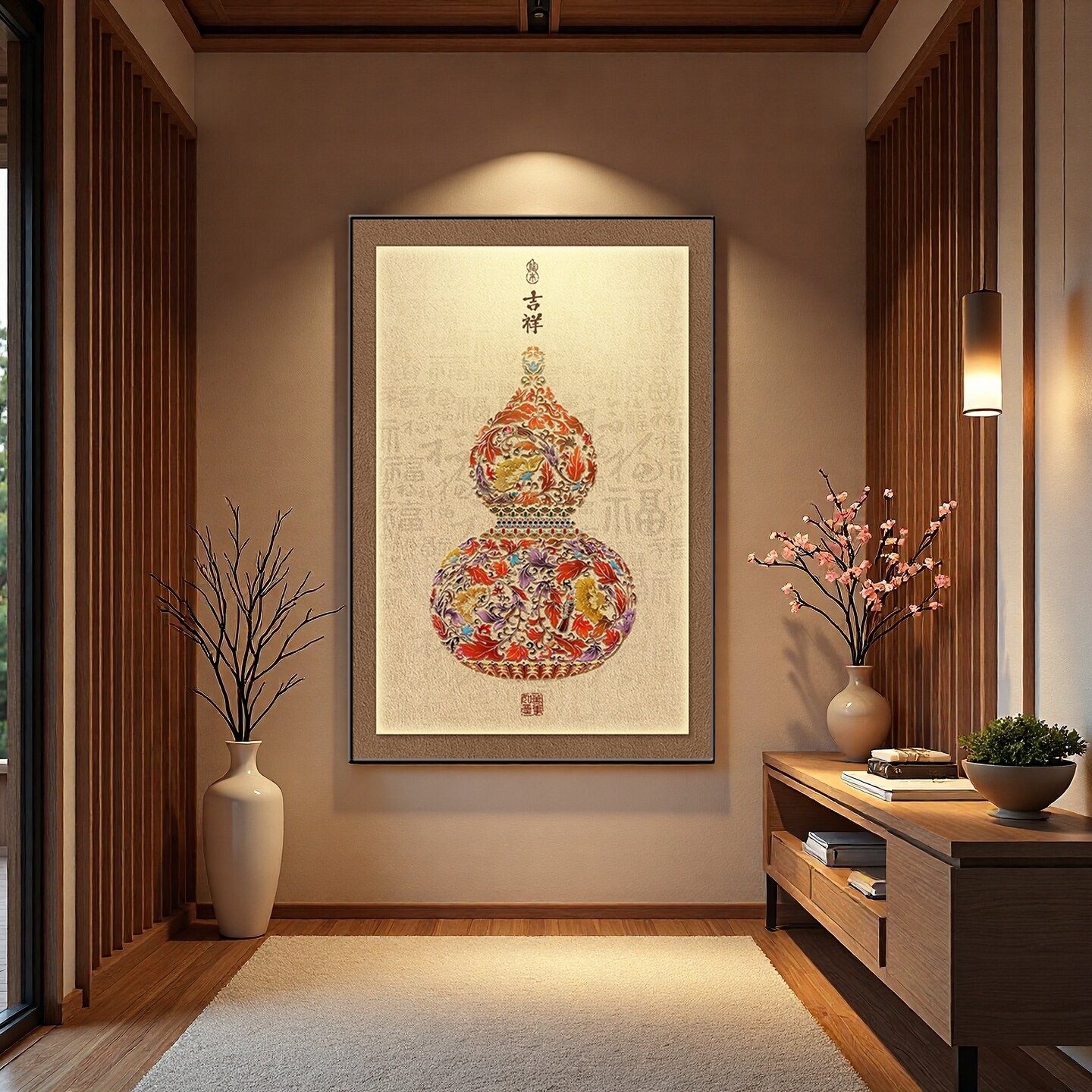 入户玄关风水画中古风葫芦挂画西墙书房餐厅客厅公司背景墙装饰画