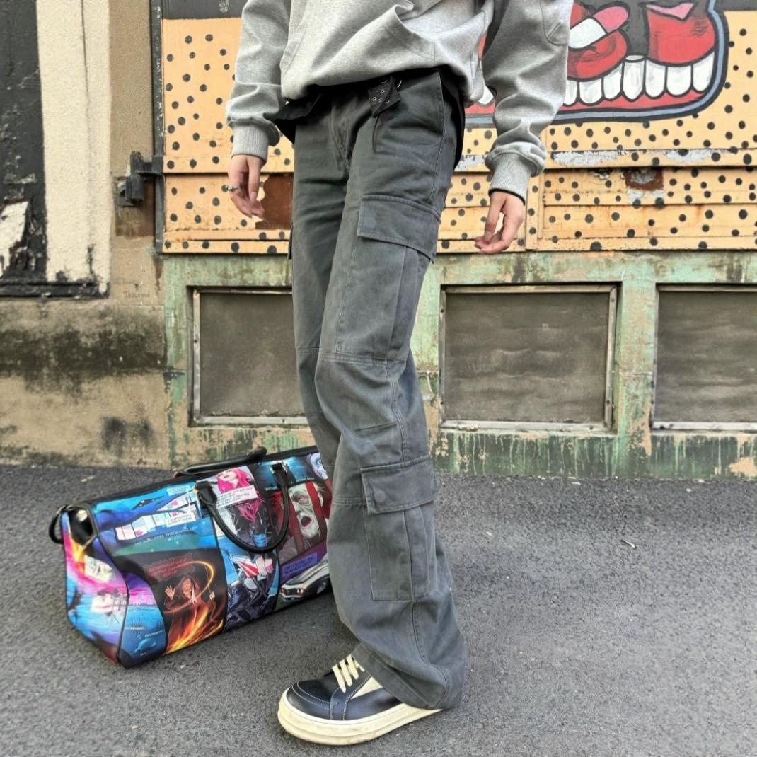 S456磨毛多口袋立体做旧微喇cleanfit宽松休闲直筒口袋工装裤长裤