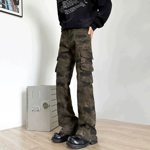 Tides 美式复古迷彩多口袋牛仔裤男女春季嘻哈直筒显瘦微喇工装裤