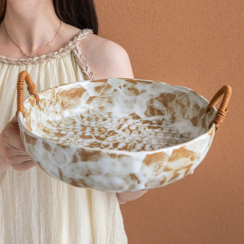 小悠家麻绳双耳粗陶水果盘