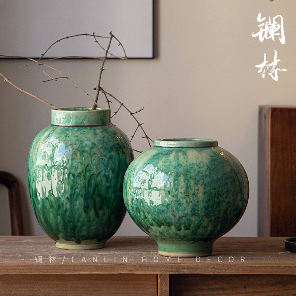 速发中式陶色小花瓶高级感碧绿意系月亮罐陶罐餐客厅书房茶室禅瓷