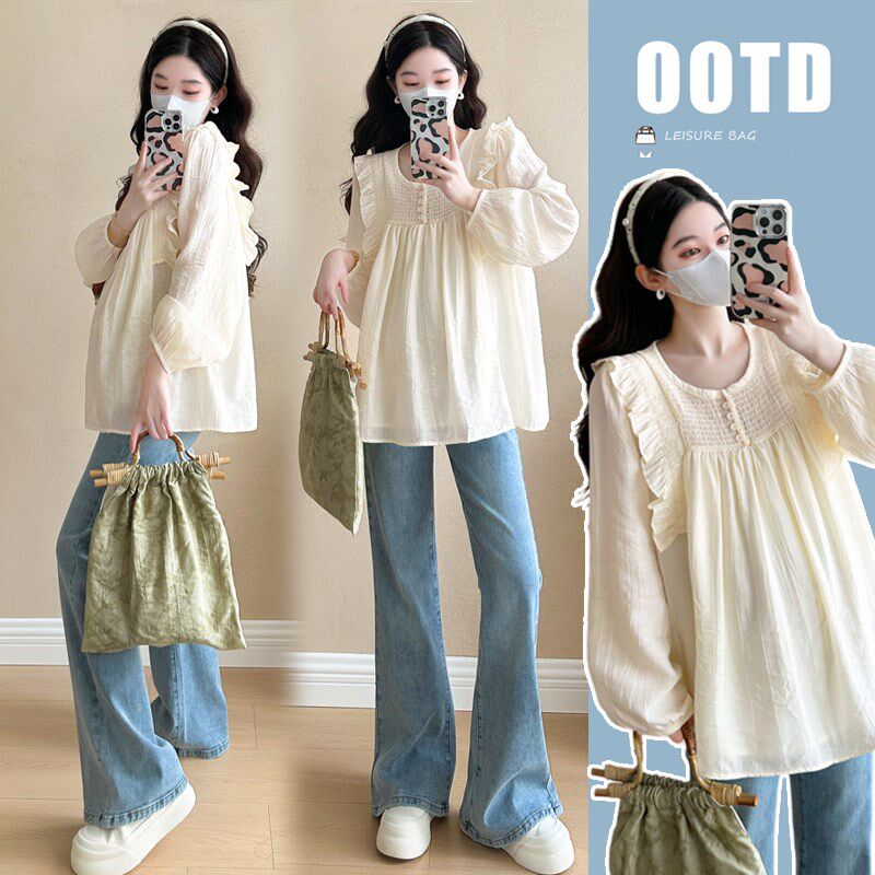 速发孕妇春装上衣洋气减龄小个子孕妇装松款秋领娃娃衫宽短春圆款