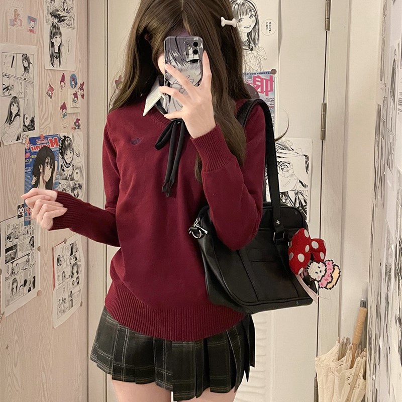 速发冬】JK套头酒红风V领毛衣长袖针织衫秋【学院色套装