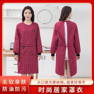 纯棉罩衣家用厨房做饭加长加肥长袖 工作服 围裙上班耐脏防污女有袖