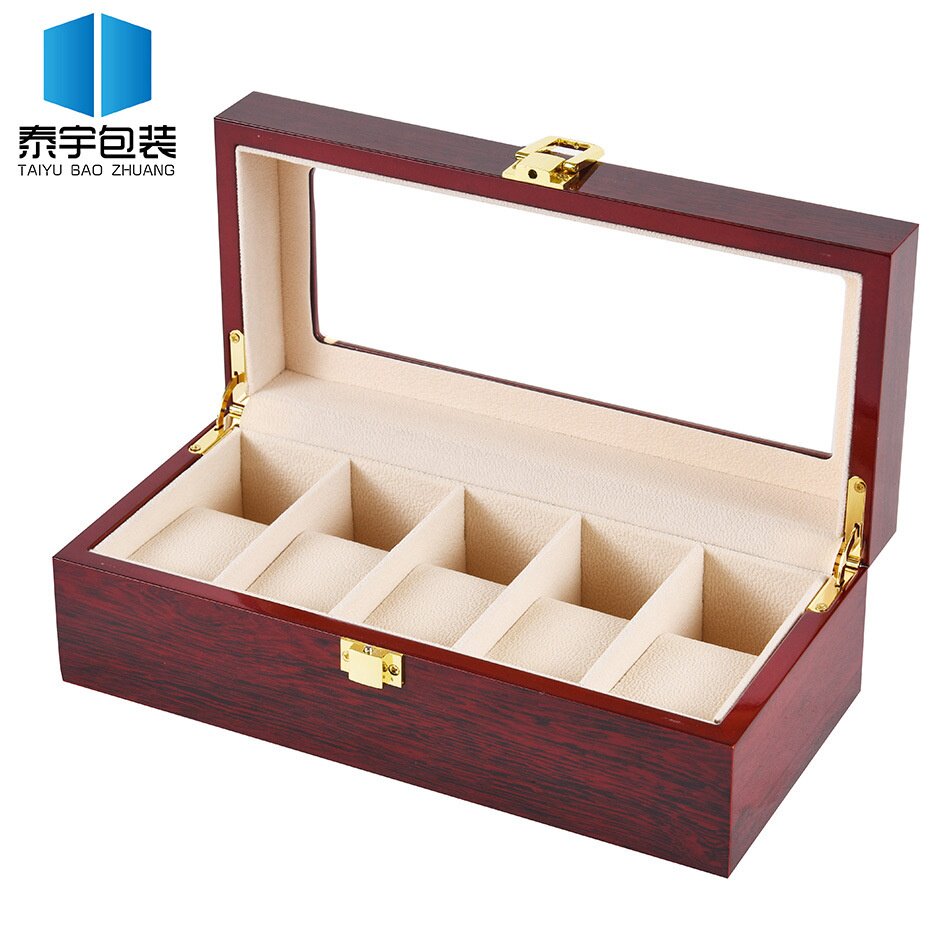 厂家现货喷漆5位木质手表盒 亮光油漆5格表盒手表收纳展示盒
