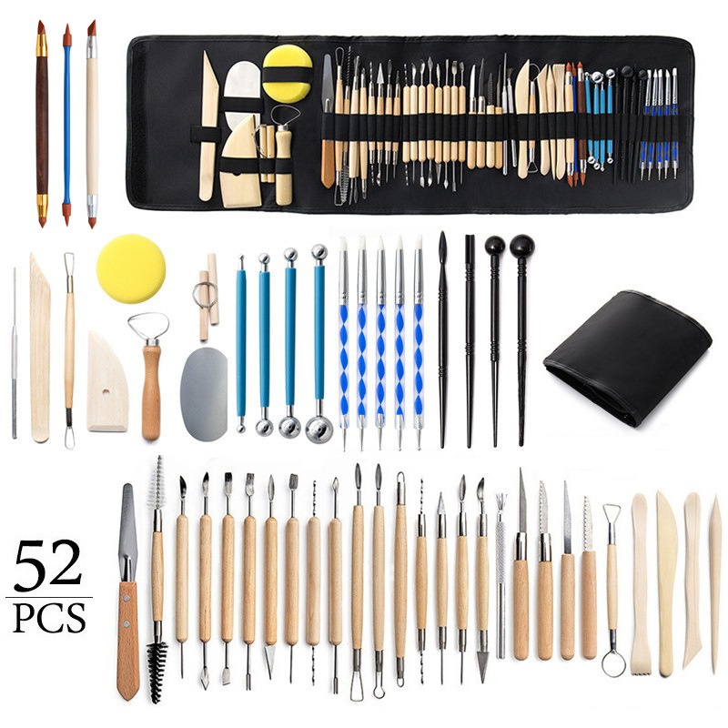 跨境陶艺工具52件套装陶泥雕刻刀石塑粘土橡皮硅胶点画压痕点钻笔
