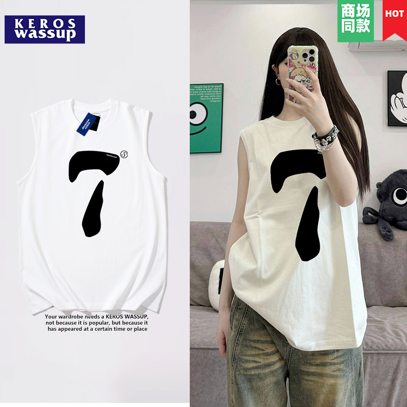 夏季重磅美式潮牌无袖运动坎肩背心男数字7印花纯棉打底健身汗衫