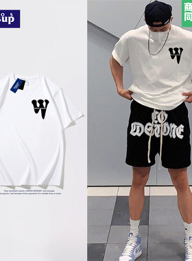 99元6件|夏季美式重磅短袖男潮牌英文字母W印花纯棉圆领白色体恤