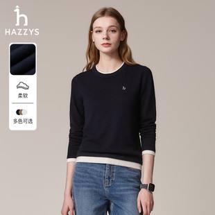 女 Hazzys哈吉斯正品 秋冬女士圆领套头针织衫 休闲时尚 假两件羊毛衫