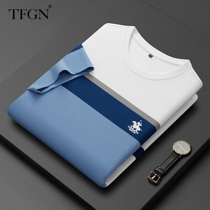 轻奢男士条纹圆领短袖T恤2026春夏季商务休闲中年男士半袖POLO衫