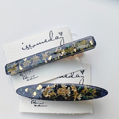 香菜花发夹黑色手工滴胶发夹ins手作干花发饰鸭嘴夹滴胶饰品边夹