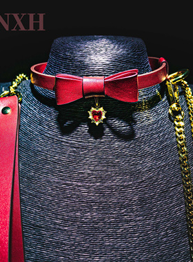 NNXH蝴蝶真皮牛皮红宝石项圈cosplay牵引套装脖圈颈环颈带颈圈