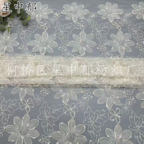 杏色蕾丝网纱刺绣珠片面料现货