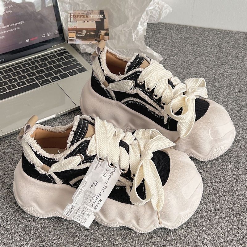 厚底面包鞋女2025巨好看配阔腿裤鞋子小众黑色帆布鞋时尚休闲运动