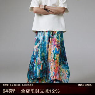 INSOMNIA失眠者原创自制美式油画泼墨彩绘宽松弯刀牛仔阔腿长裤男