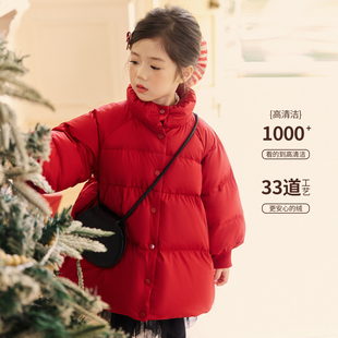 NORNOR女童红色羽绒服三防2025新款冬装保暖加厚好看儿童新年外套