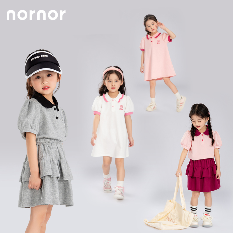 NORNOR 2024年夏季新款女童学院风连衣裙儿童套装半身裙短袖t恤