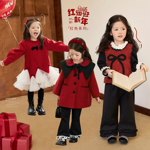 新款 保暖冬季 好看小香风连衣裙过年服 女童新年红色套装 NORNOR童装