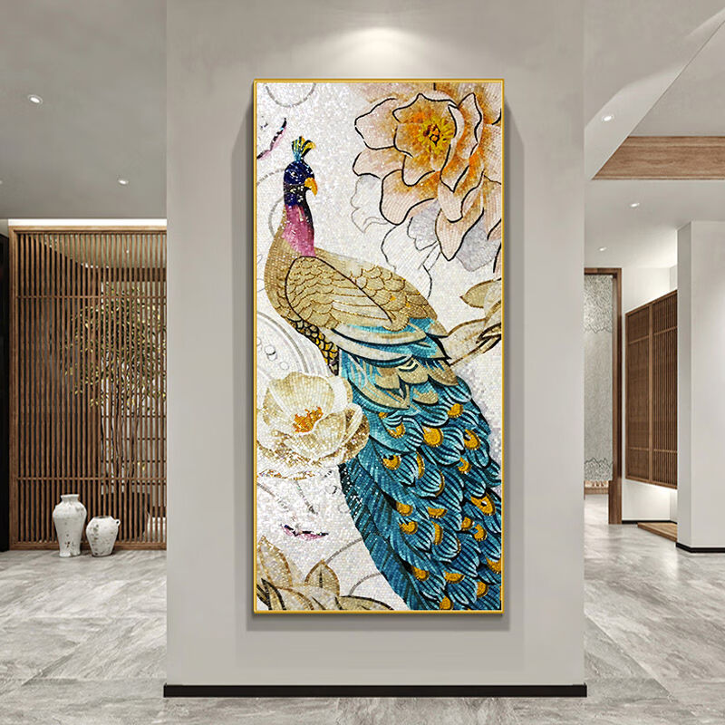定制拼花艺术手工精剪画孔雀沙发玄关过道拼图马赛克背景墙砖瓷|