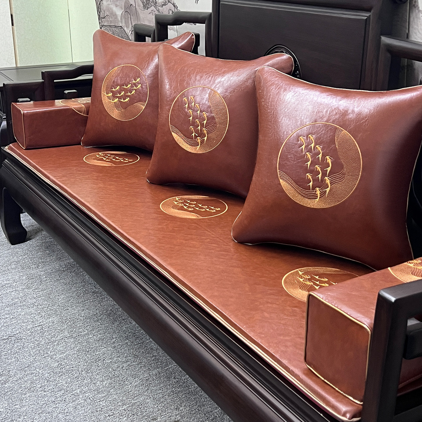 新中式红木沙发皮坐垫四季通用