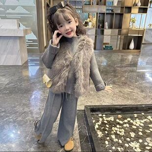 女童秋冬加厚套装2025新款洋气打底毛衣毛毛马甲裤子时髦三件套潮