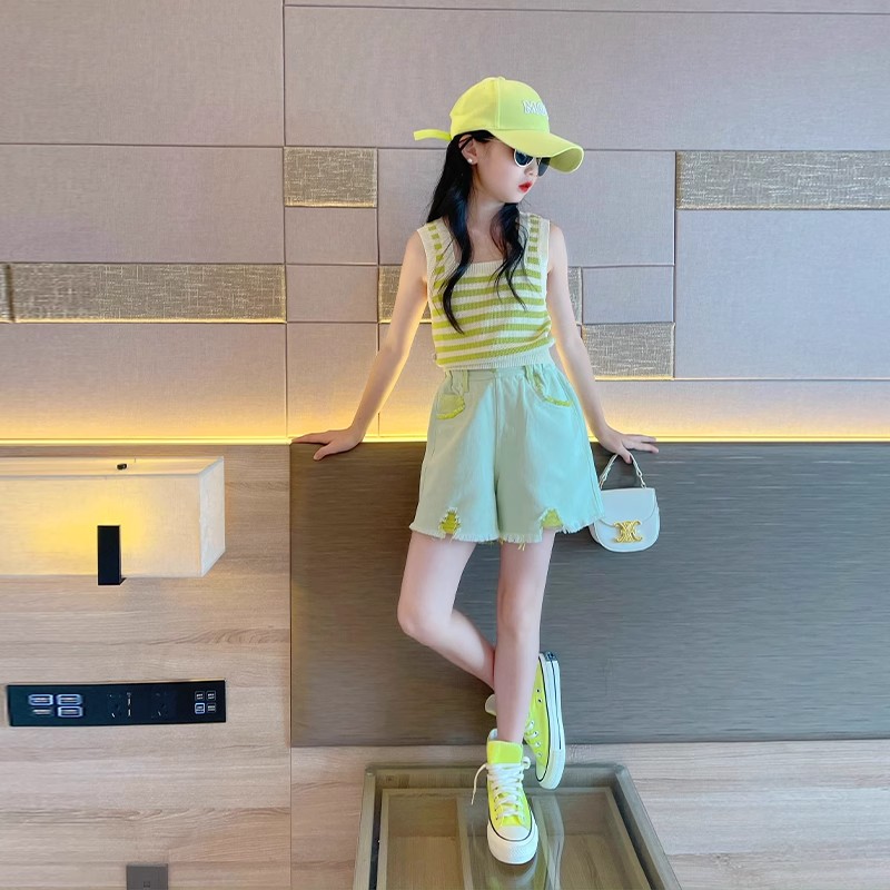 女童套装夏季2025新款韩版洋气女大童潮酷背心女孩牛仔短裤套装潮