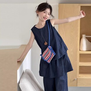 女童夏季无袖套装2026新款女孩大童韩系高级感穿搭儿童牛仔两件套