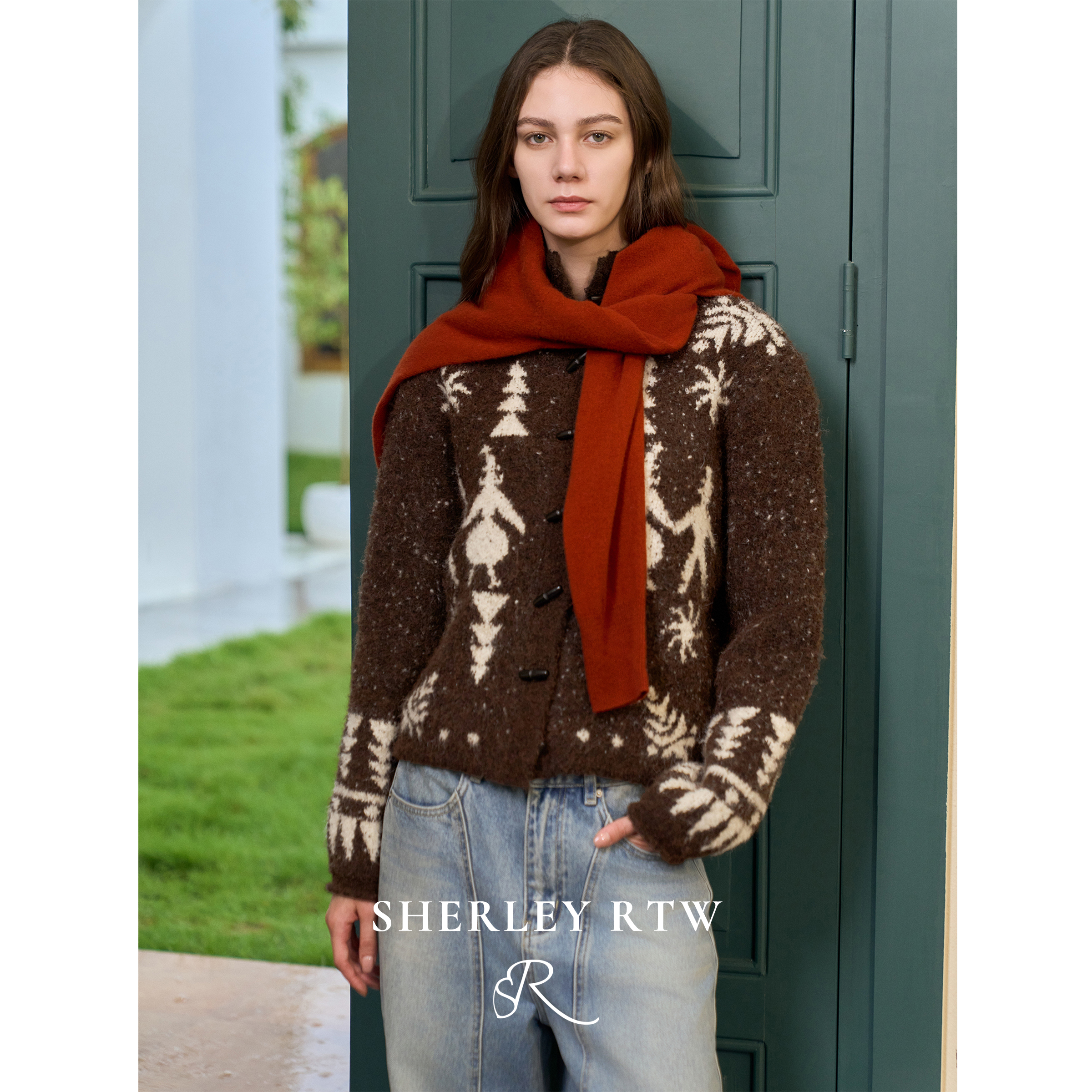 SHERLEY RTW创意北欧雪景氛围/趣味boho风羊毛混纺拼色针织开衫