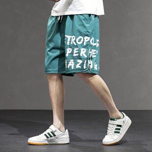 男子绳外穿字母印花宽松中裤 短裤 百搭休裤 速发运动五分闲抽男夏季