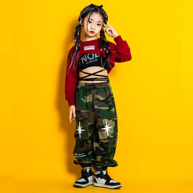 速发街爵士舞服装ja街z高腰露脐走秀迷彩套装z舞潮服少儿炸孩演出